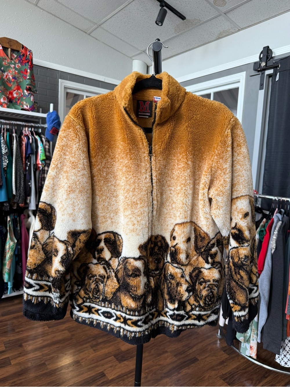 Plush Sherpa Jacket with Dog Motif - Tan/Black 14/16 kids